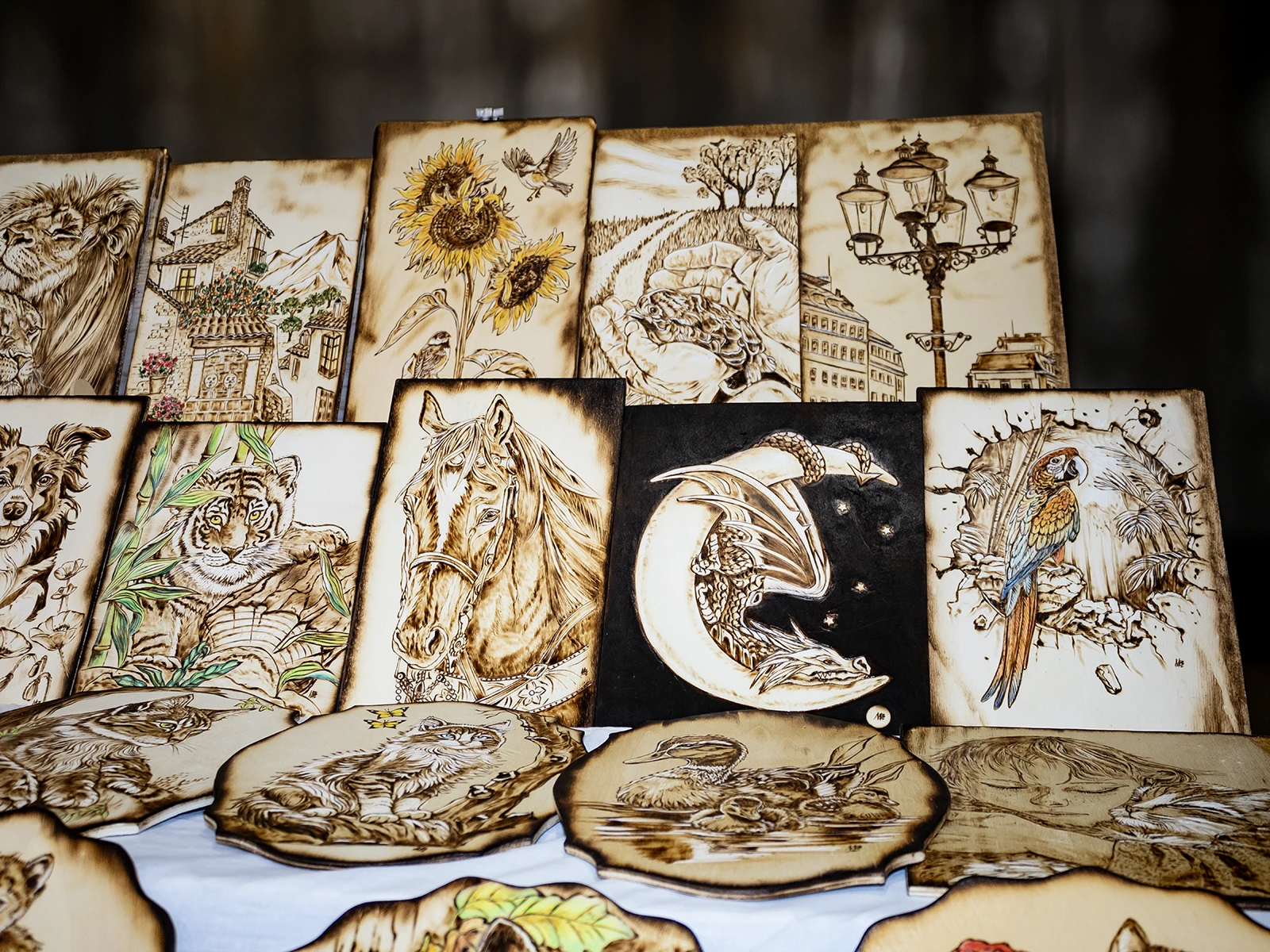 Panoramica del banco di Maria: tavole pirografate con tigre, cavallo, dragone sulla luna, pappagallo ara, paesaggi e ritratti di animali