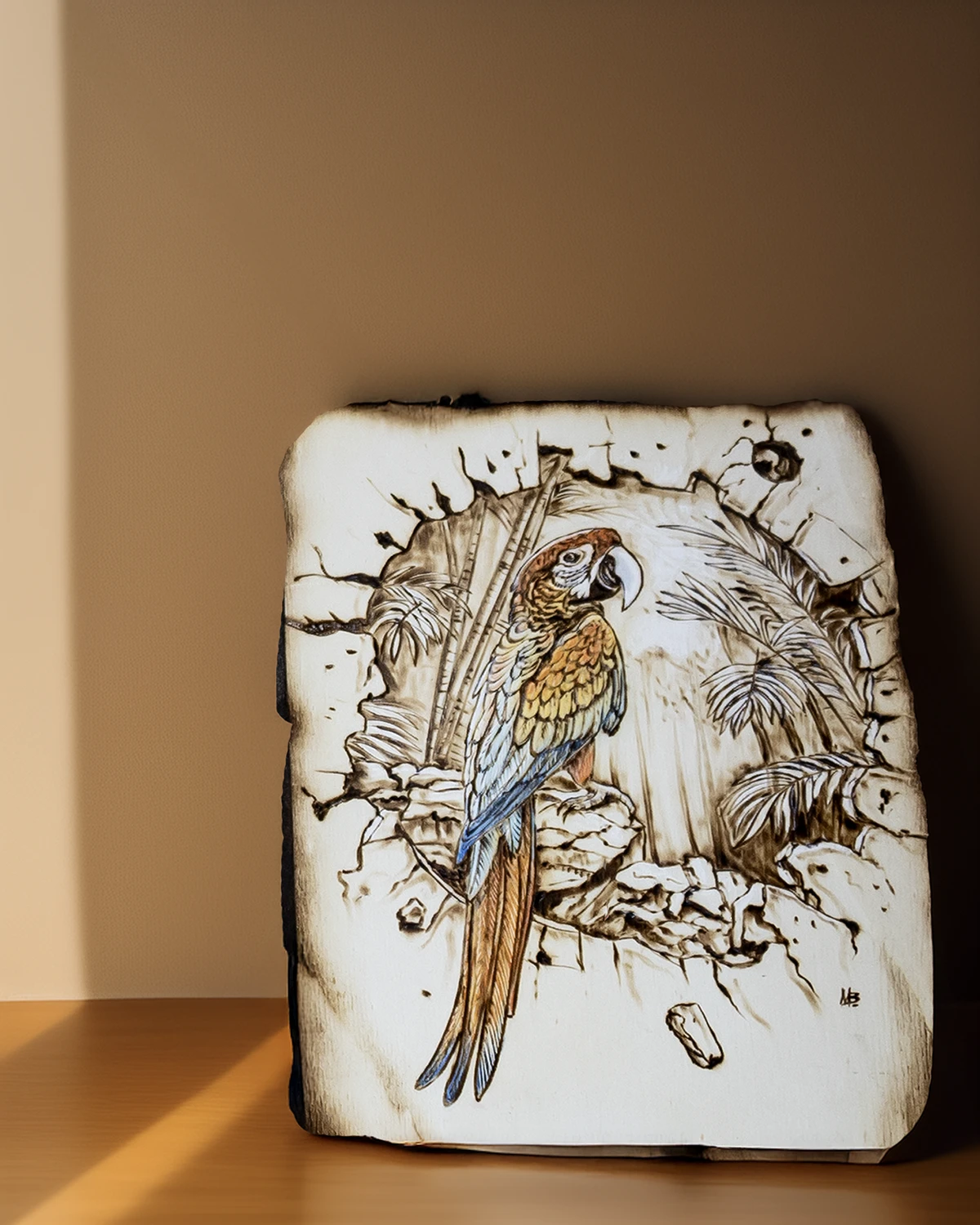 Ara multicolore pirografata su lastra di legno grezzo a corteccia viva, appoggiata a una parete calda